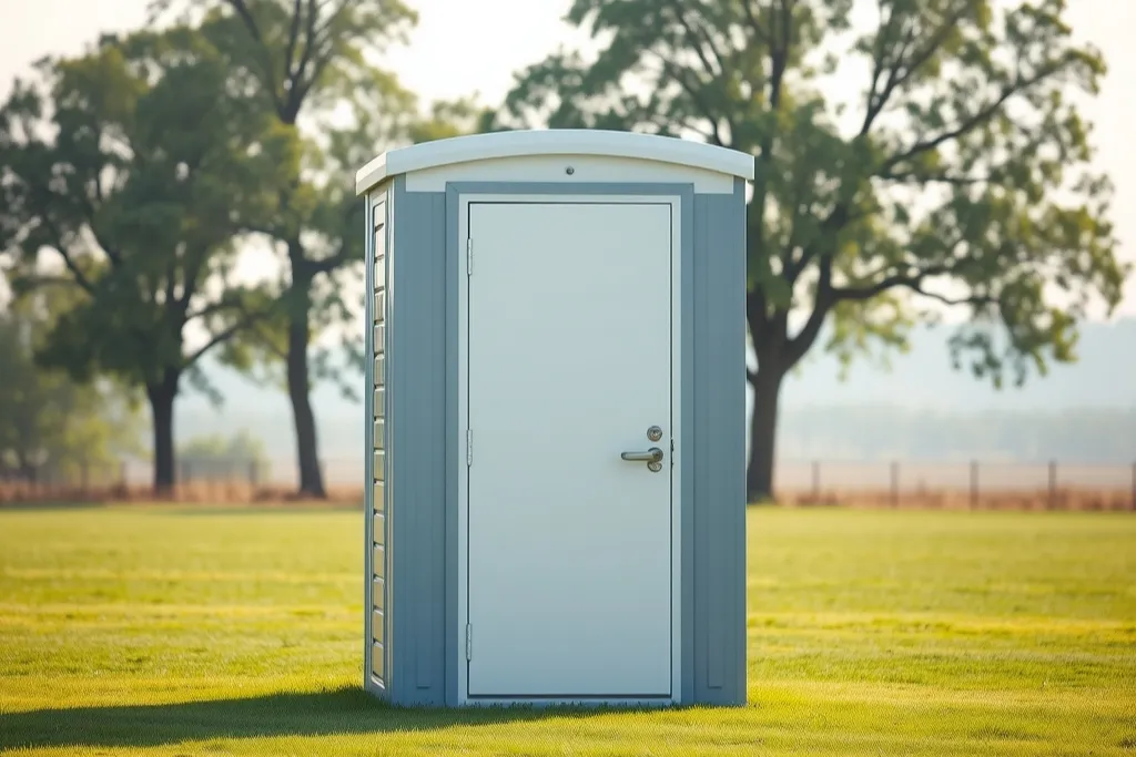 A single plain grey portable toilet cabin standing on open green grass in morning light.
