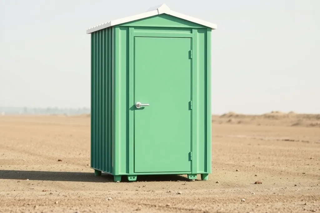 A single plain green portable toilet cabin on open gravel ground in daylight.